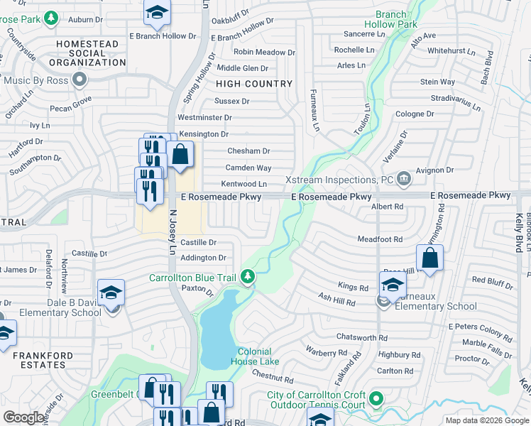 map of restaurants, bars, coffee shops, grocery stores, and more near 1910 Primrose Lane in Carrollton