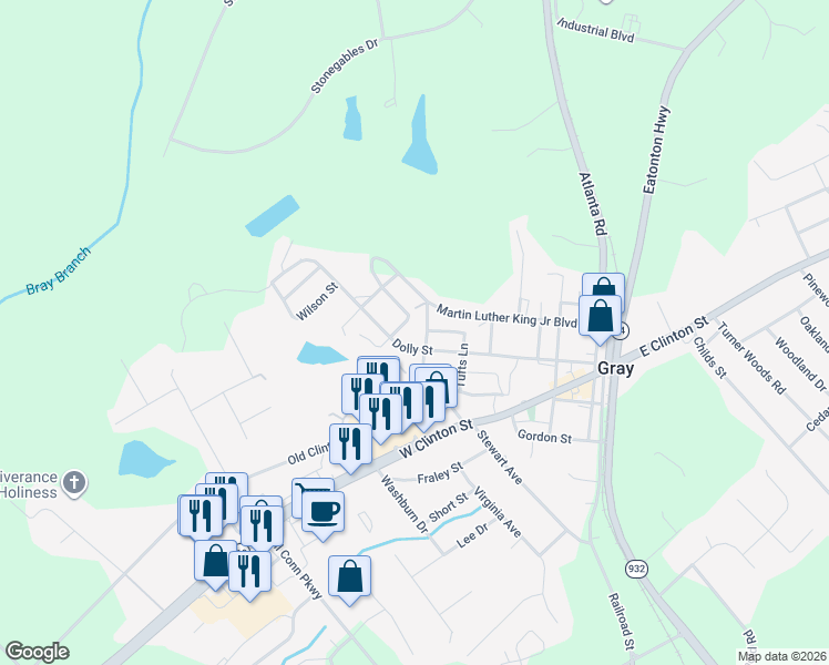 map of restaurants, bars, coffee shops, grocery stores, and more near 174 Dolly Street in Gray