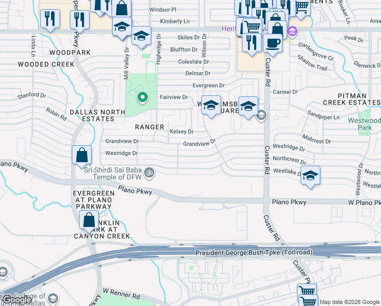map of restaurants, bars, coffee shops, grocery stores, and more near 2424 Westridge Drive in Plano