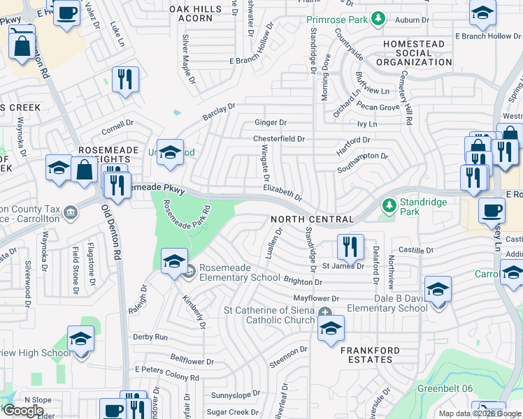 map of restaurants, bars, coffee shops, grocery stores, and more near 1531 Raleigh Drive in Carrollton