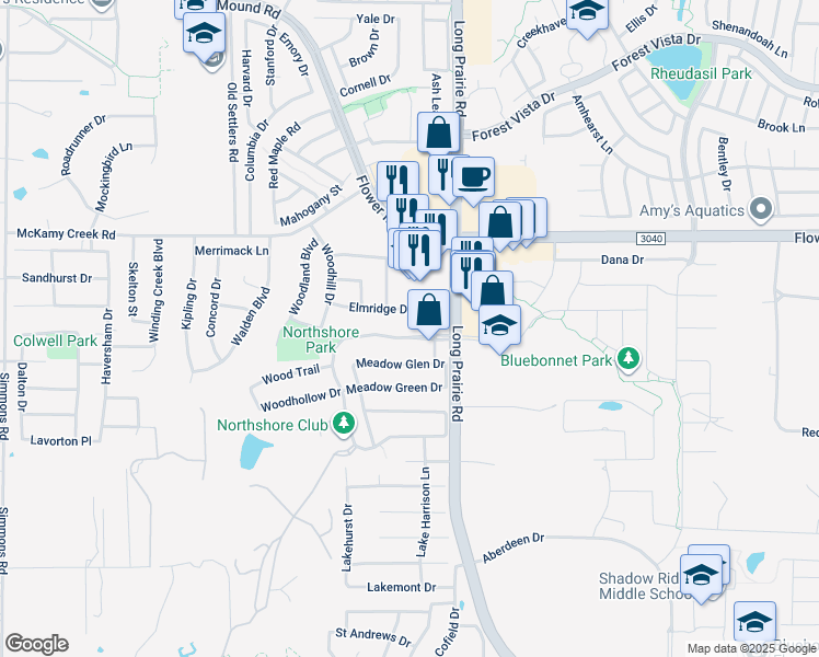 map of restaurants, bars, coffee shops, grocery stores, and more near 2708 Northshore Boulevard in Flower Mound