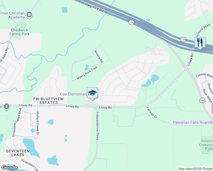 map of restaurants, bars, coffee shops, grocery stores, and more near 1021 West Bluff Way in Roanoke