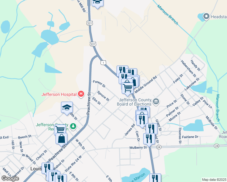 map of restaurants, bars, coffee shops, grocery stores, and more near 303 Forest Street in Louisville