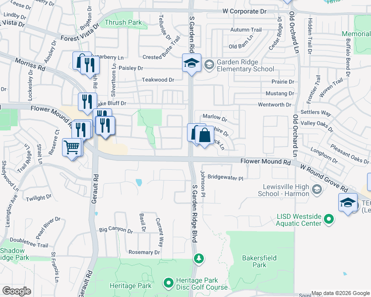 map of restaurants, bars, coffee shops, grocery stores, and more near 1900 Garden Ridge Road in Flower Mound