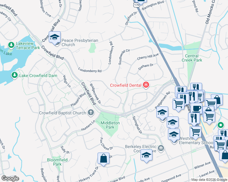 map of restaurants, bars, coffee shops, grocery stores, and more near 139 Bridgecreek Drive in Goose Creek