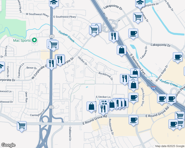 map of restaurants, bars, coffee shops, grocery stores, and more near 2200 South Uecker Drive in Lewisville