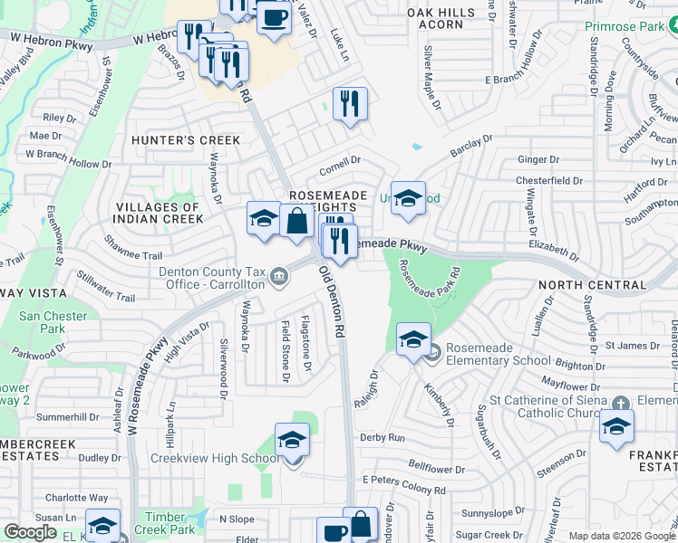 map of restaurants, bars, coffee shops, grocery stores, and more near 3648 Old Denton Road in Carrollton