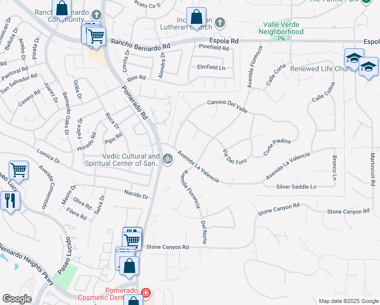 map of restaurants, bars, coffee shops, grocery stores, and more near 12830 Avenida La Valencia in Poway