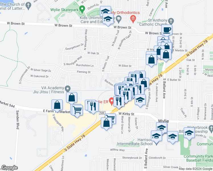 map of restaurants, bars, coffee shops, grocery stores, and more near Isaac Circle in Wylie