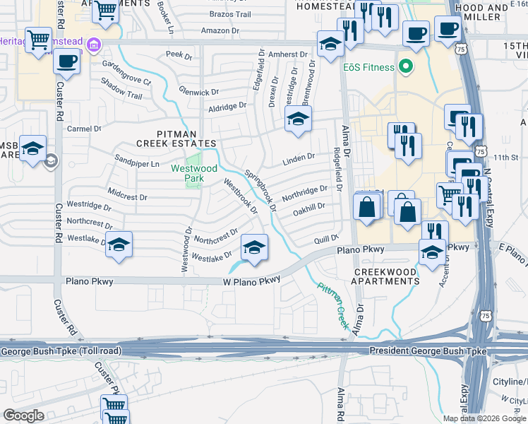 map of restaurants, bars, coffee shops, grocery stores, and more near 712 Westbrook Drive in Plano