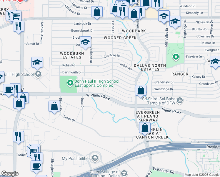 map of restaurants, bars, coffee shops, grocery stores, and more near 3121-3299 West Plano Parkway in Plano