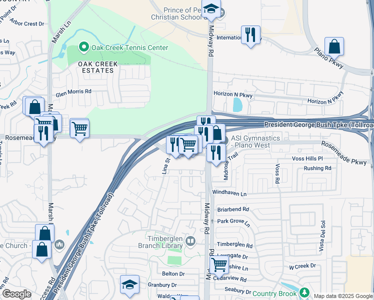 map of restaurants, bars, coffee shops, grocery stores, and more near 3939 Rosemeade Parkway in Dallas