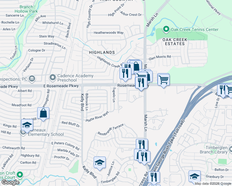 map of restaurants, bars, coffee shops, grocery stores, and more near 18920 Tupelo Lane in Dallas