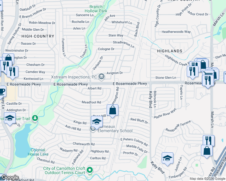 map of restaurants, bars, coffee shops, grocery stores, and more near 2132 Meadfoot Road in Carrollton
