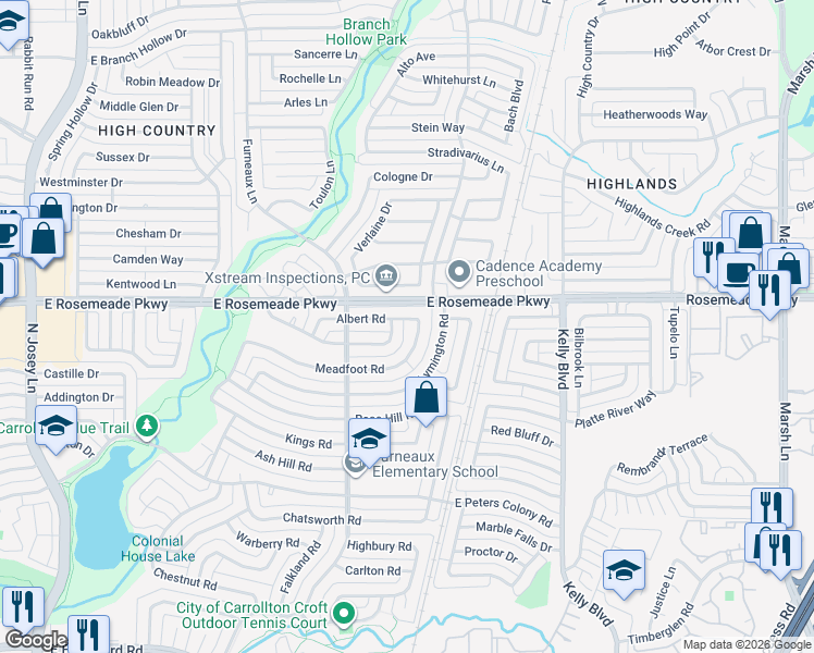 map of restaurants, bars, coffee shops, grocery stores, and more near 2132 Meadfoot Road in Carrollton