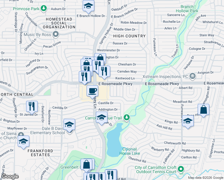 map of restaurants, bars, coffee shops, grocery stores, and more near 1910 Rambling Ridge Lane in Carrollton
