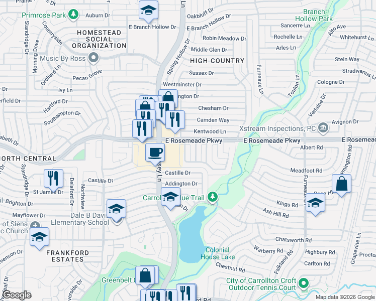 map of restaurants, bars, coffee shops, grocery stores, and more near 1910 Rambling Ridge Lane in Carrollton