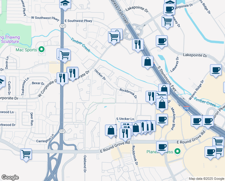 map of restaurants, bars, coffee shops, grocery stores, and more near 2200 South Uecker Drive in Lewisville