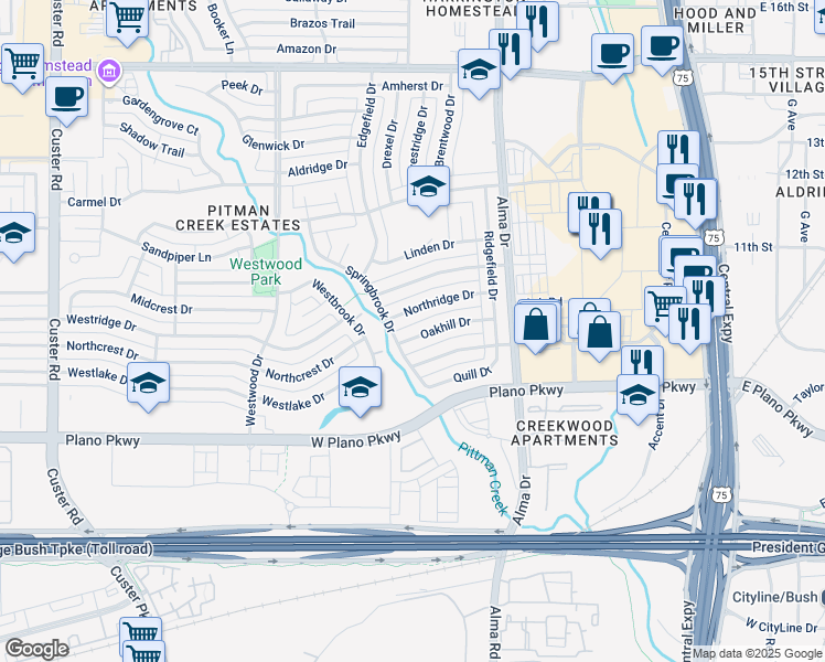 map of restaurants, bars, coffee shops, grocery stores, and more near 1413 Oakhill Drive in Plano