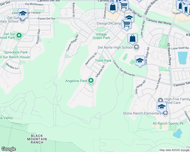 map of restaurants, bars, coffee shops, grocery stores, and more near 16490 Edgehill Road in San Diego