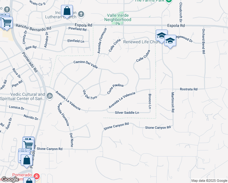 map of restaurants, bars, coffee shops, grocery stores, and more near 16535 Paulina Terrace in Poway