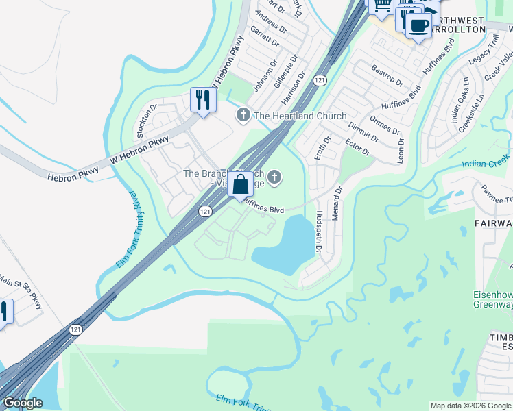 map of restaurants, bars, coffee shops, grocery stores, and more near 3680 Huffines Boulevard in Carrollton