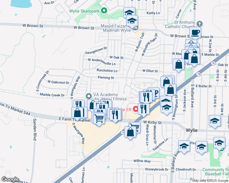 map of restaurants, bars, coffee shops, grocery stores, and more near 333 South Stephen Street in Wylie