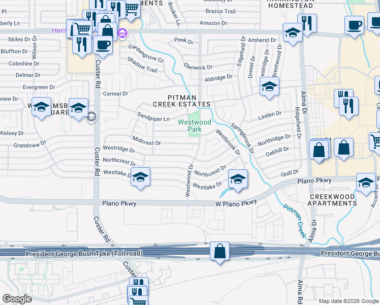 map of restaurants, bars, coffee shops, grocery stores, and more near 1704 Westridge Drive in Plano