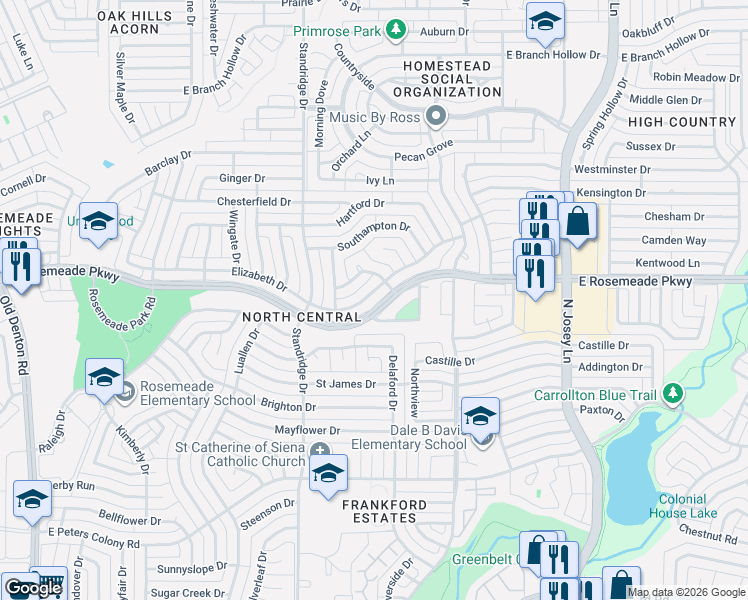 map of restaurants, bars, coffee shops, grocery stores, and more near 1720 Elizabeth Drive in Carrollton