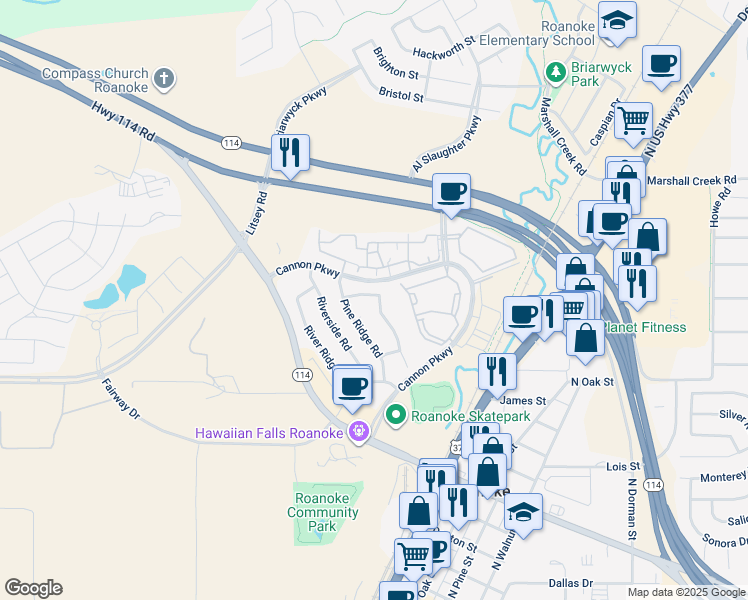 map of restaurants, bars, coffee shops, grocery stores, and more near 401 Indian Trail Road in Roanoke