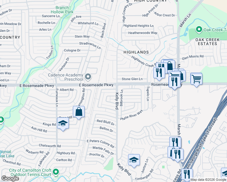 map of restaurants, bars, coffee shops, grocery stores, and more near 3531 Whitney Drive in Carrollton
