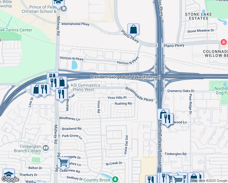 map of restaurants, bars, coffee shops, grocery stores, and more near 4351 Voss Hills Place in Dallas