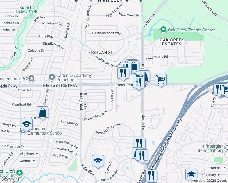 map of restaurants, bars, coffee shops, grocery stores, and more near 18920 Tupelo Lane in Dallas