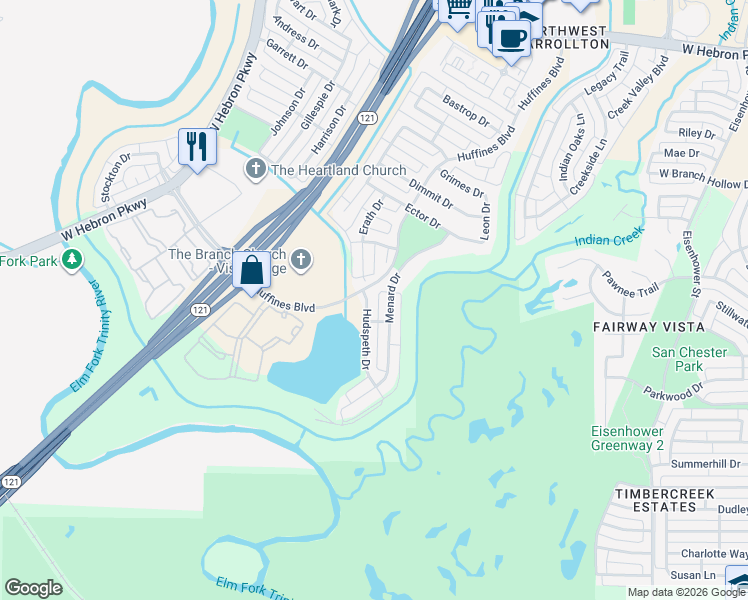 map of restaurants, bars, coffee shops, grocery stores, and more near 1444 Hudspeth Drive in Carrollton