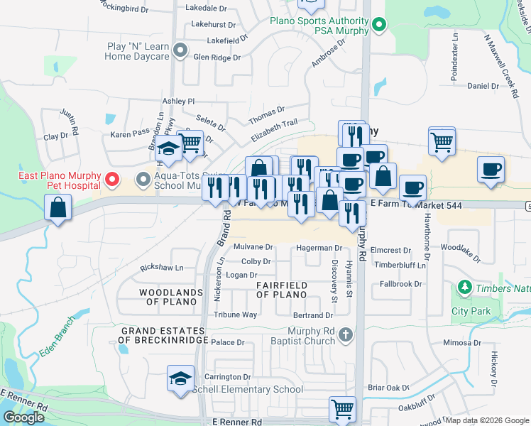 map of restaurants, bars, coffee shops, grocery stores, and more near 304 West Farm To Market 544 in Murphy