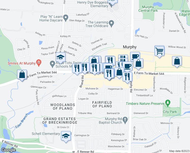 map of restaurants, bars, coffee shops, grocery stores, and more near 306 West Farm to Market Road 544 in Murphy