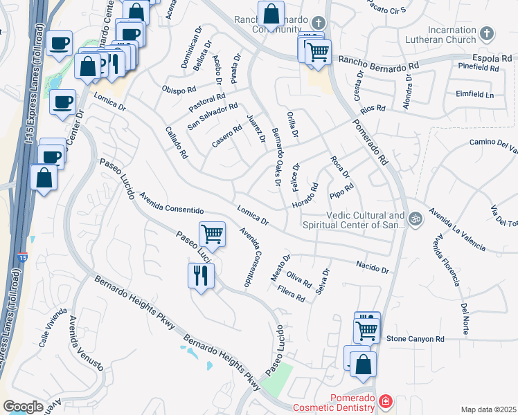 map of restaurants, bars, coffee shops, grocery stores, and more near 12249 Horado Road in San Diego
