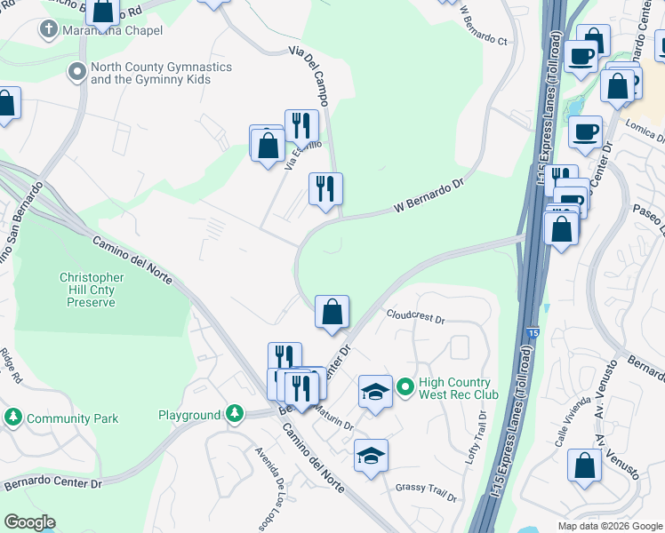map of restaurants, bars, coffee shops, grocery stores, and more near 16397 West Bernardo Drive in San Diego