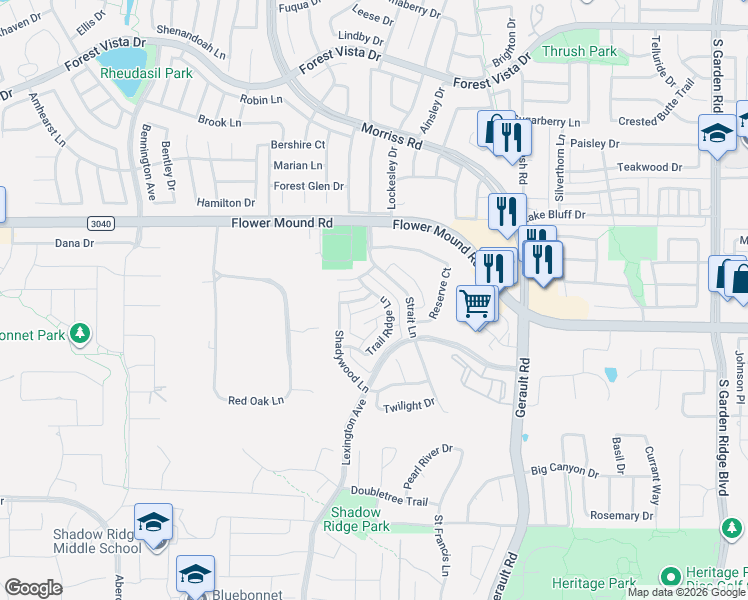 map of restaurants, bars, coffee shops, grocery stores, and more near 1608 Bar Harbor Lane in Flower Mound