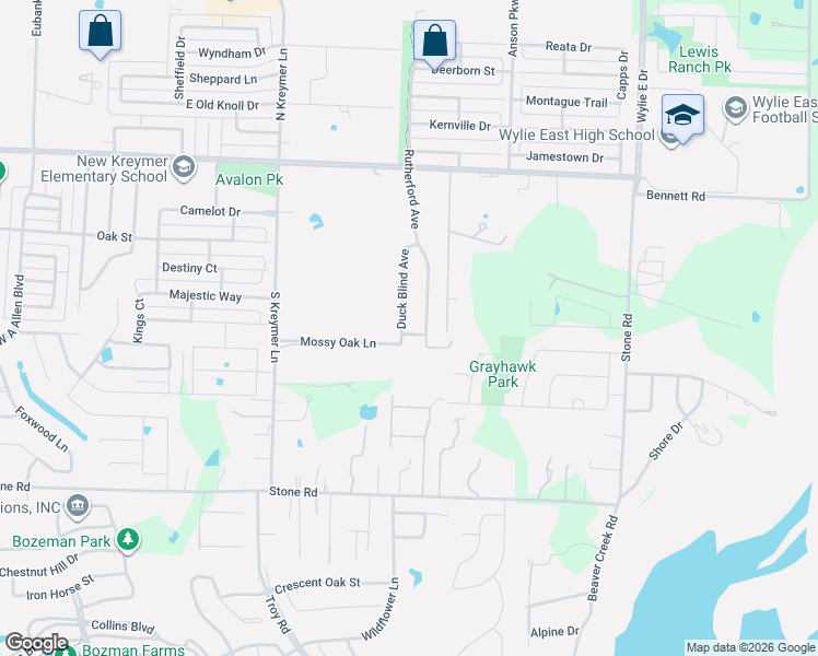 map of restaurants, bars, coffee shops, grocery stores, and more near 233 Duck Blind Avenue in Wylie