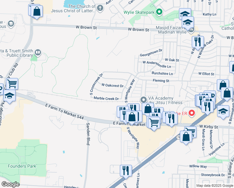 map of restaurants, bars, coffee shops, grocery stores, and more near 326 South Mesa Verde Way in Wylie