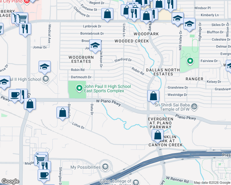 map of restaurants, bars, coffee shops, grocery stores, and more near 3121-3299 West Plano Parkway in Plano
