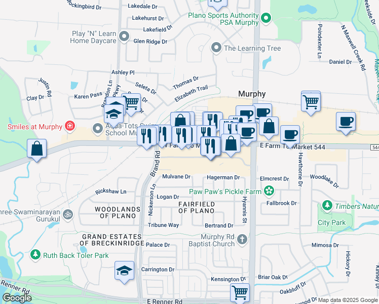 map of restaurants, bars, coffee shops, grocery stores, and more near 302 Farm to Market Road 544 in Murphy