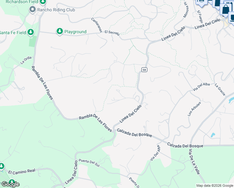 map of restaurants, bars, coffee shops, grocery stores, and more near 5414 El Cielito in Rancho Santa Fe