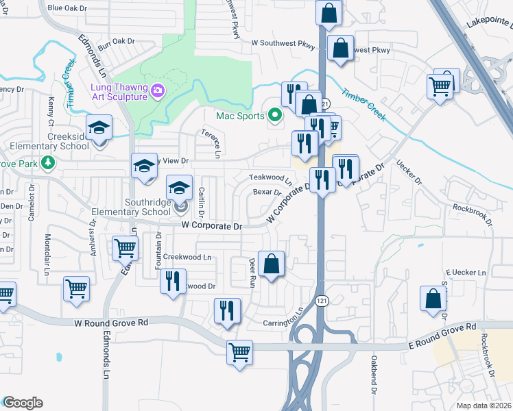 map of restaurants, bars, coffee shops, grocery stores, and more near 2385 San Jacinto Road in Lewisville