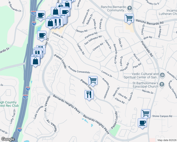 map of restaurants, bars, coffee shops, grocery stores, and more near 12122 Avenida Consentido in San Diego