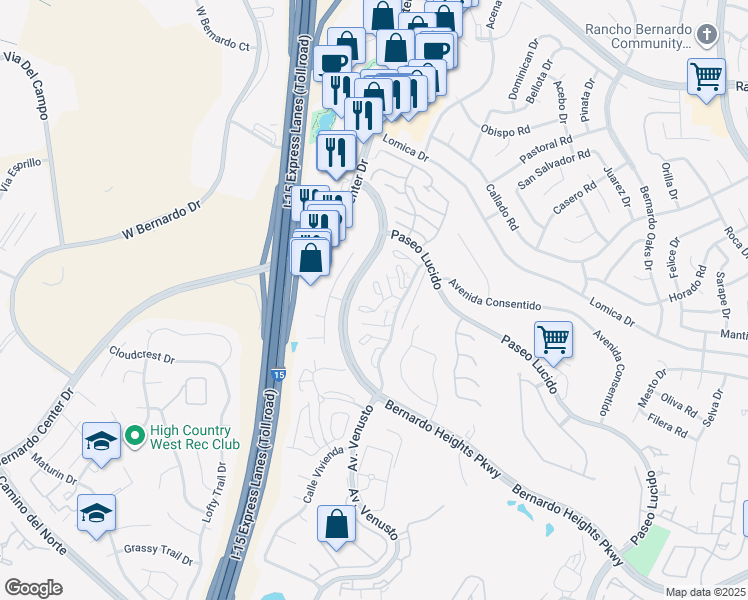 map of restaurants, bars, coffee shops, grocery stores, and more near 16304 Avenida Venusto in San Diego