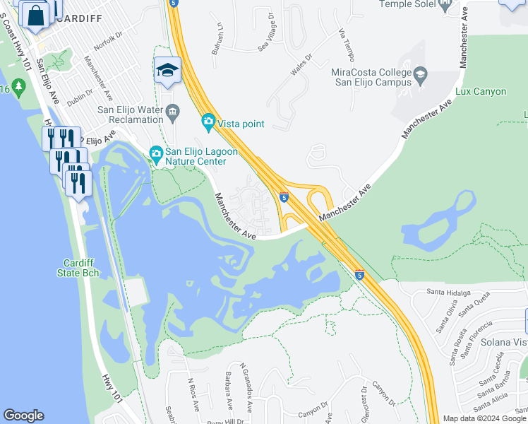 map of restaurants, bars, coffee shops, grocery stores, and more near 2515 Ocean Cove Drive in Encinitas