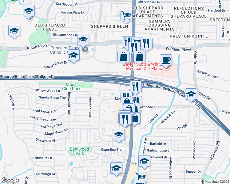 map of restaurants, bars, coffee shops, grocery stores, and more near 18909 Lloyd Circle in Dallas