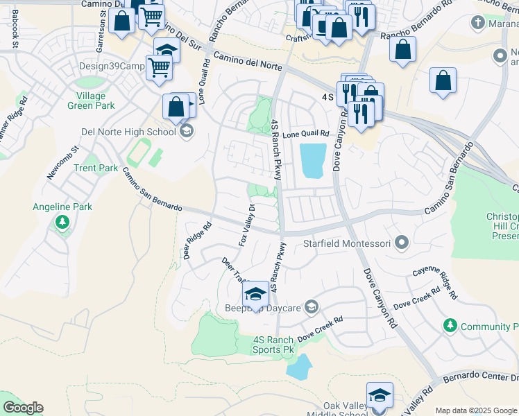 map of restaurants, bars, coffee shops, grocery stores, and more near 9917 Fox Valley Lane in San Diego